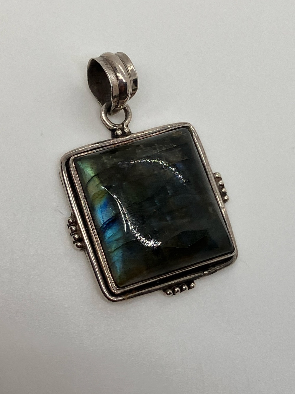Vtg 925 Sterling Silver Square Labradorite Beaded Edge Large Pendant